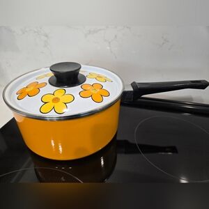 70s Orange and Yellow Enamel Cooking Pot